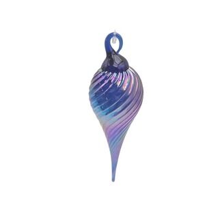 Murano Style Teardrop Glass Ornament Blue Iridescent Swirl Christmas Holiday